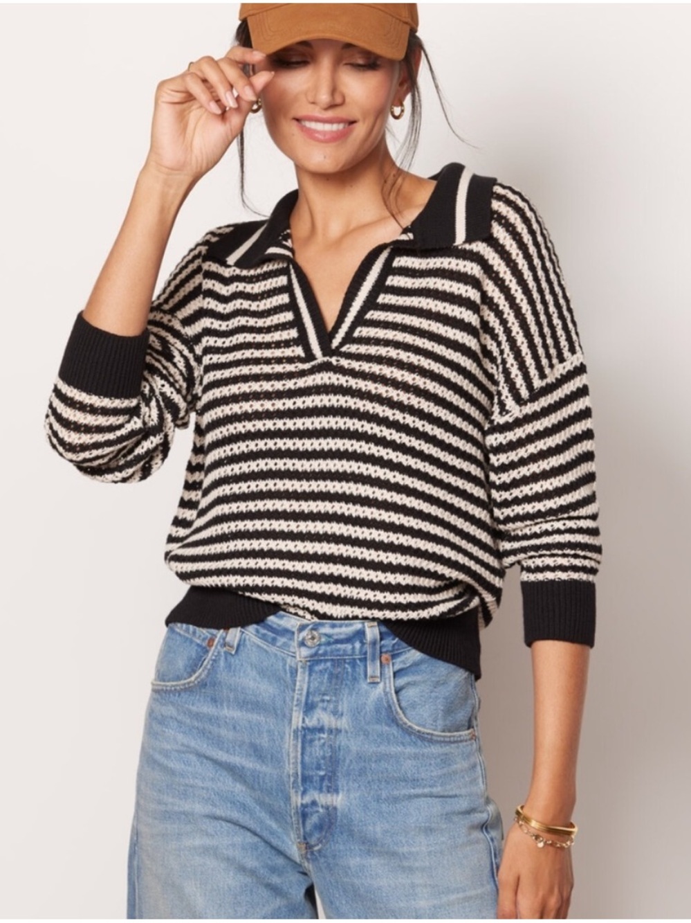 525 America Black Cream Striped Collared Coastal Polo Sweater
